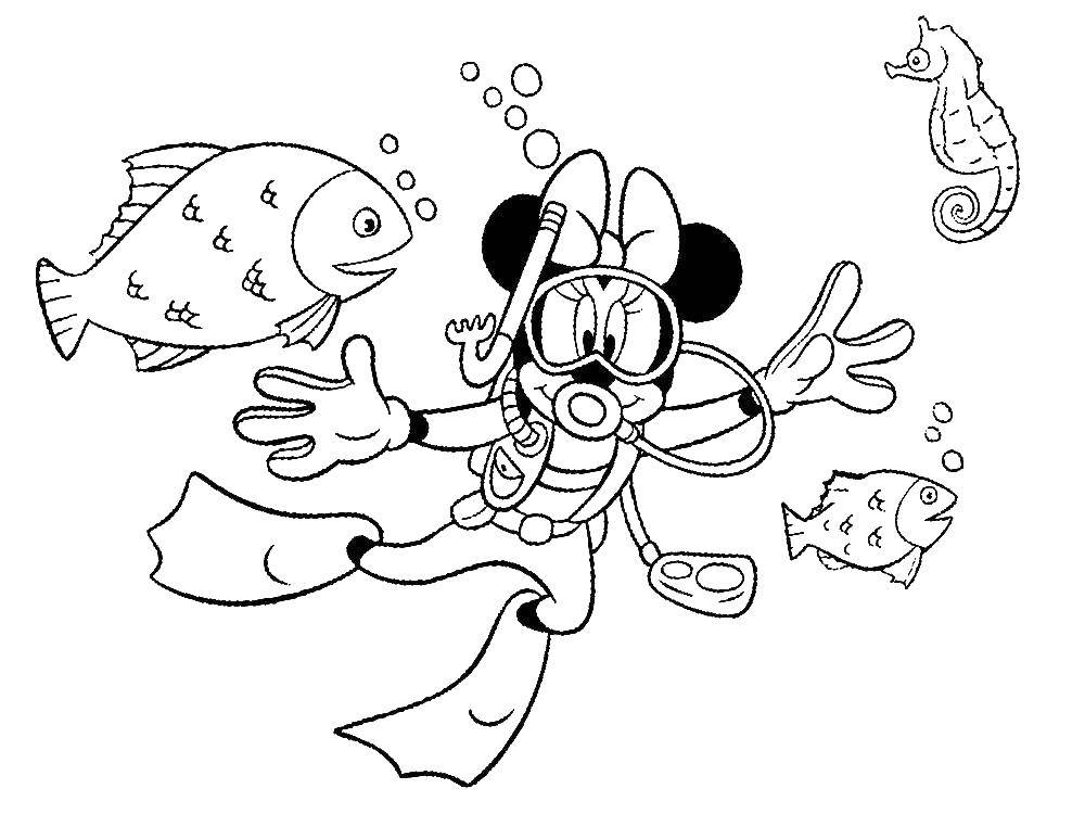 Розмальовки  Мінні маус з рибками. Завантажити розмальовку МиккиМаус, міні.  Роздрукувати ,Діснеївські мультфільми,
