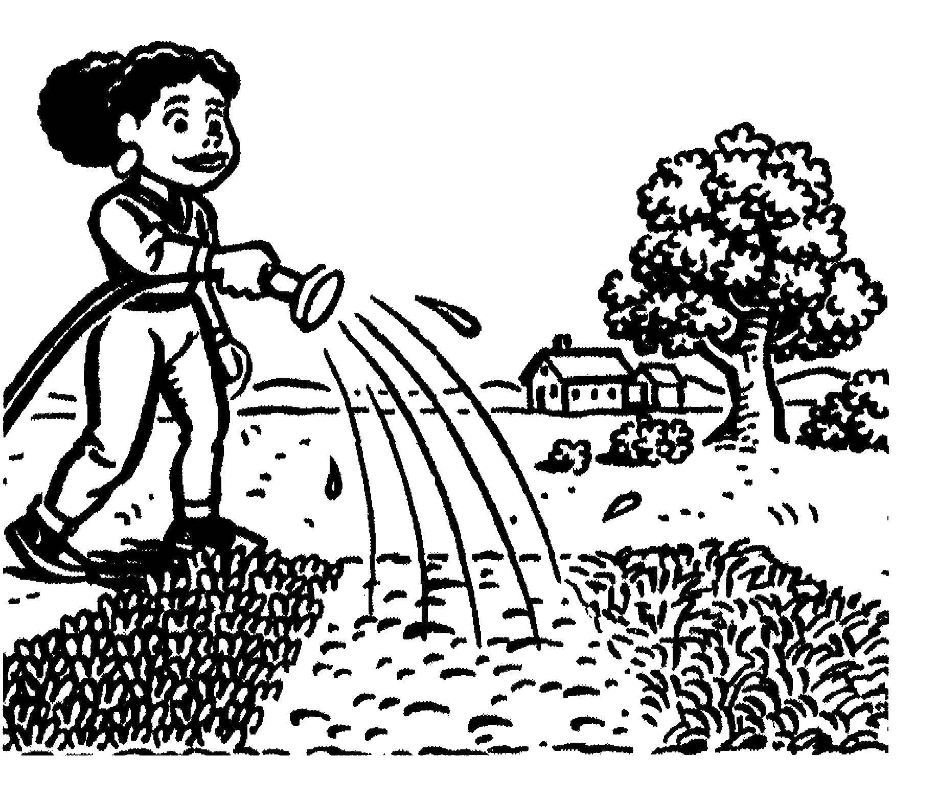 Название: Раскраска Девочка поливает огород. Категория: огород. Теги: девочка, огород, поливание.