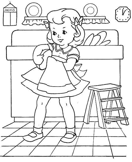 Coloring The girl wipes the dishes. Category dishes. Tags:  dishes, wash, girl.