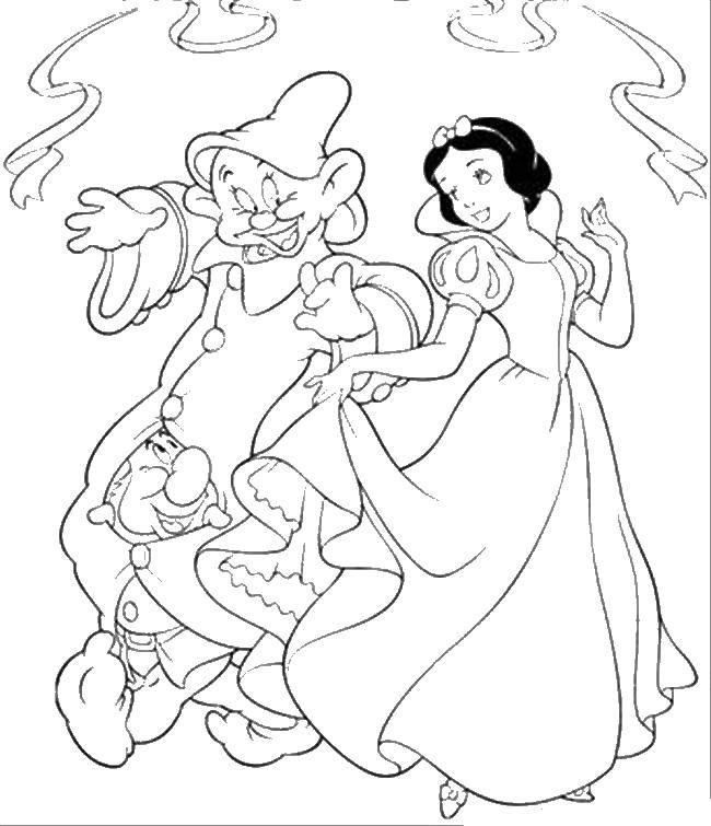 Coloring Snow white and the dwarfs dancing. Category Disney cartoons. Tags:  Snow white, dwarf.