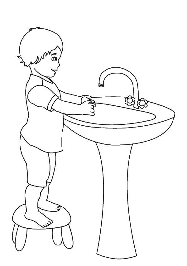 Название: Раскраска Мальчик моет руки. Категория: Умываемся. Теги: мальчик, руки.