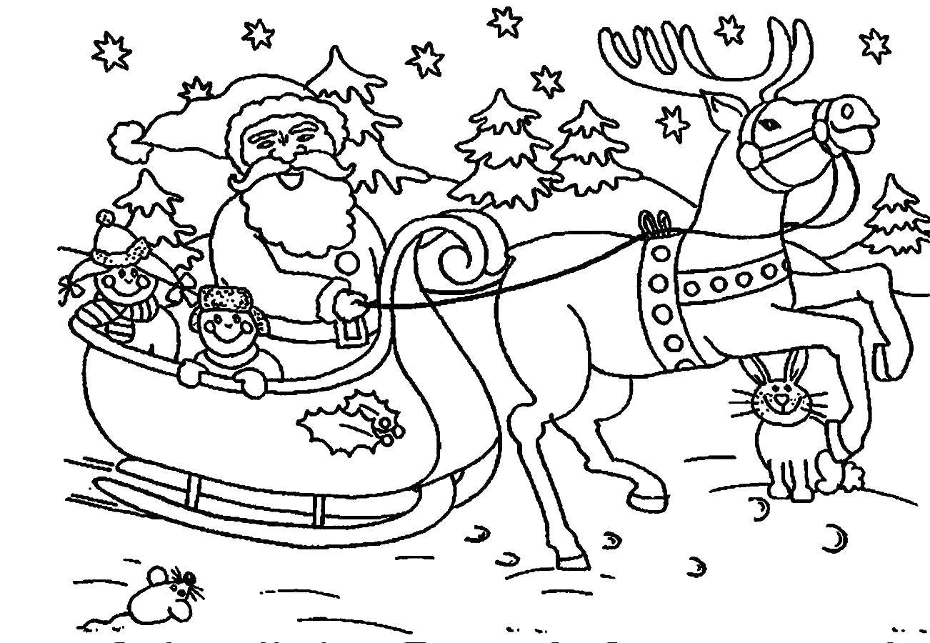 Название: Раскраска Санта клаус в санях. Категория: Рождество. Теги: рождество, олени, новый год, сани.
