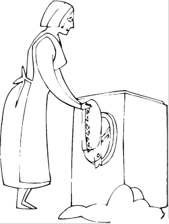 Название: Раскраска Женщина стирает в машинке. Категория: Умываемся. Теги: стиральная машина, стирка.