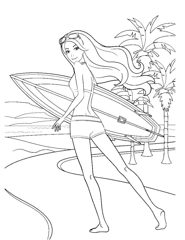 Название: Раскраска Барби с доской для сёрфинга на пляже. Категория: Барби. Теги: барби, пляж.