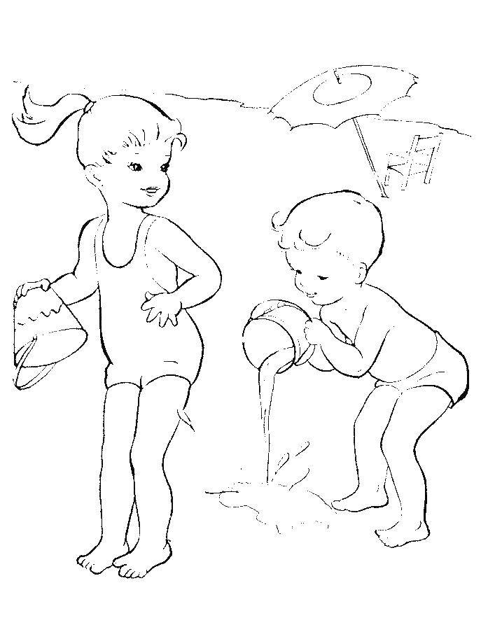 Название: Раскраска Дети играют на пляже. Категория: Люди. Теги: Пляж, песок.