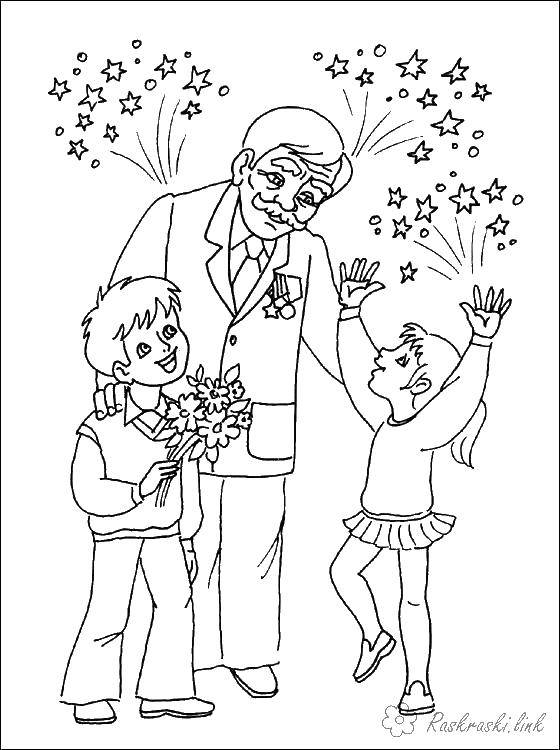 Coloring Congratulations with 9 may veterana. Category coloring fireworks. Tags:  Greeting, may 9, Victory Day.