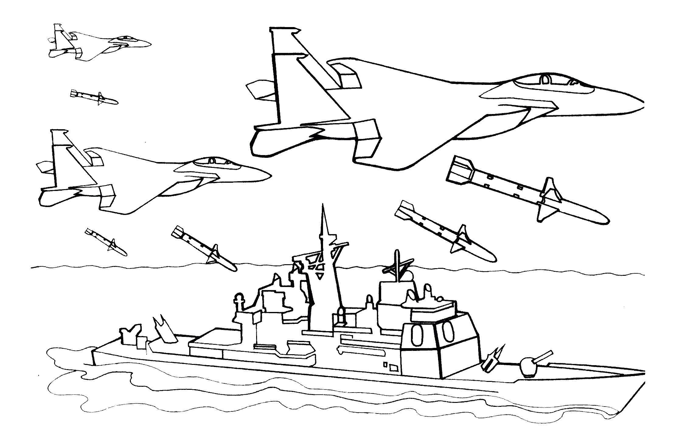 Розмальовки  Військовий літаки скидають ракети. Завантажити розмальовку Військове, літак, ракета, пароплав.  Роздрукувати ,військове,