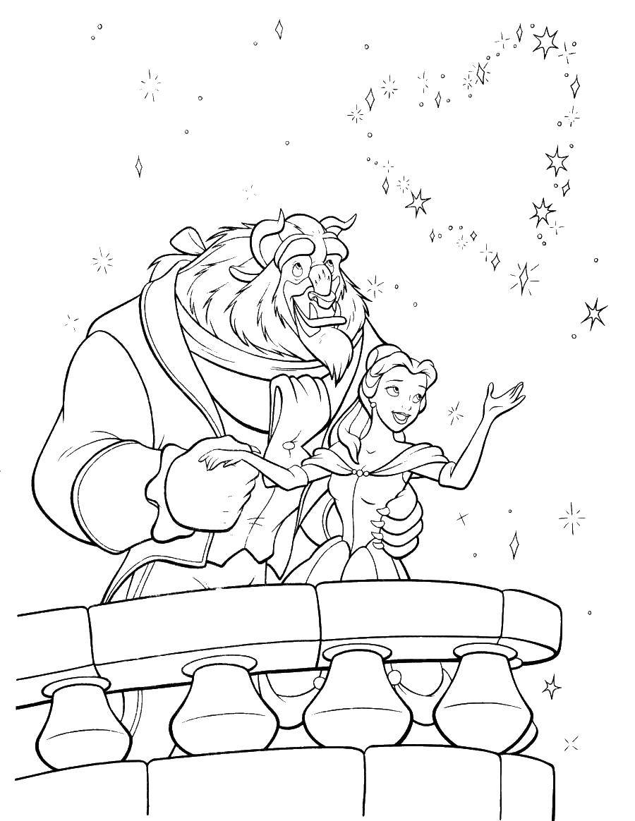 Coloring Beauty Belle and the beast looking at the fireworks. Category beauty and the beast. Tags:  beautiful , monster.
