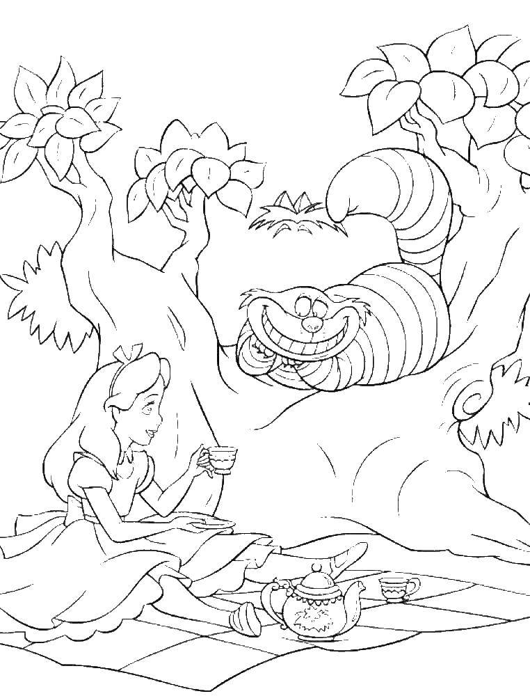 Coloring Alice drinking tea with the Cheshire cat. Category Disney cartoons. Tags:  Alice, cat.