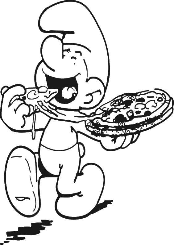 Название: Раскраска Смурфик ест пиццу. Категория: смурфики. Теги: Персонаж из мультфильма, Смурфики, веселье.