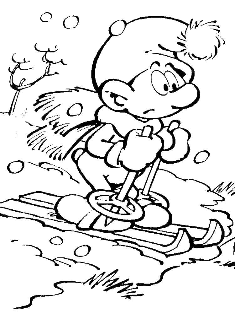 Название: Раскраска Смурфик катается на лыжах. Категория: смурфики. Теги: Персонаж из мультфильма, Смурфики, веселье.