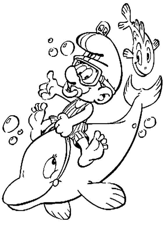 Coloring A smurf riding a Dolphin. Category Smurfs. Tags:  Cartoon character, Smurfs, fun.
