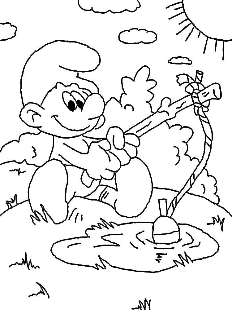Coloring Smurf fishing. Category Smurfs. Tags:  Cartoon character, Smurfs, fun.