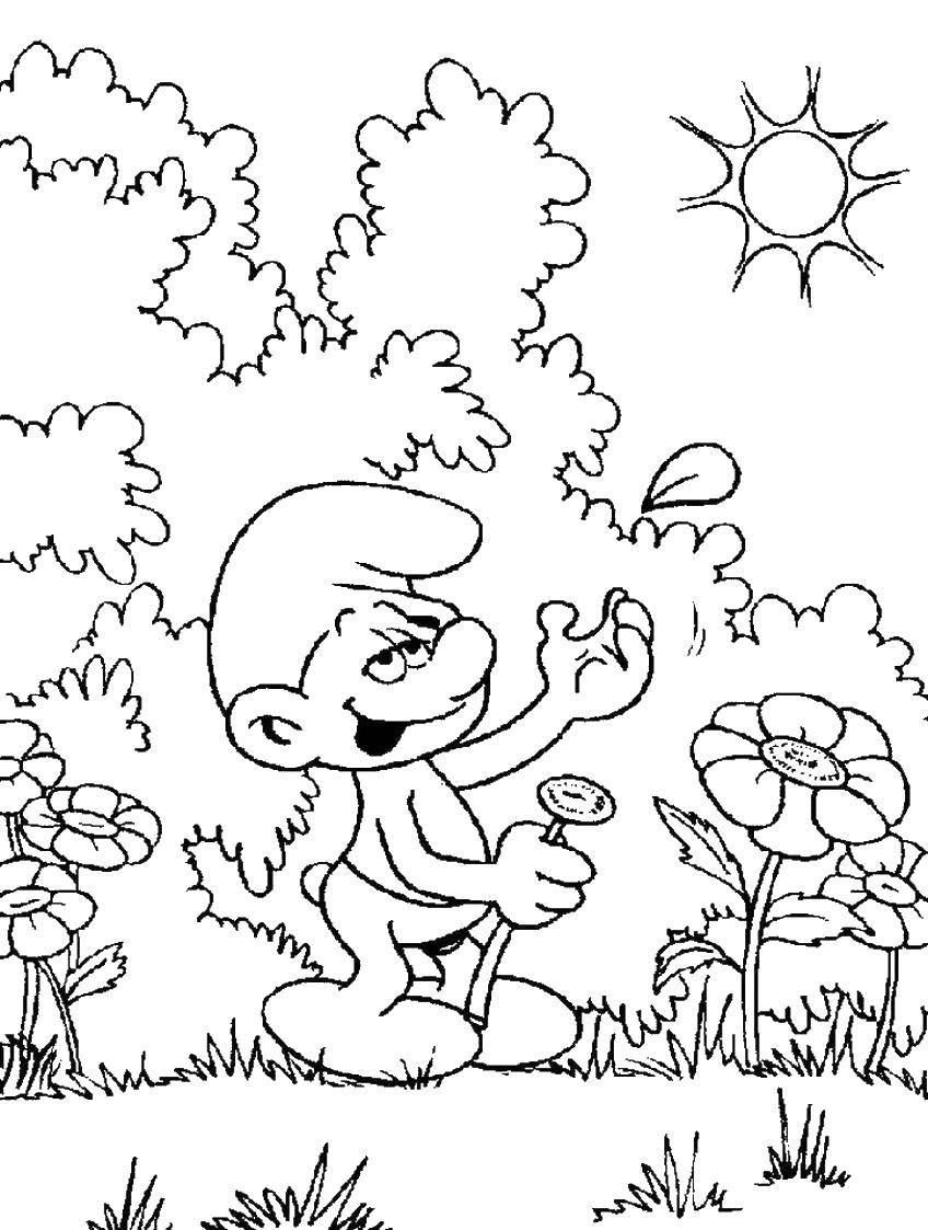 Название: Раскраска Смурфик с цветочком. Категория: смурфики. Теги: Персонаж из мультфильма, Смурфики, веселье.