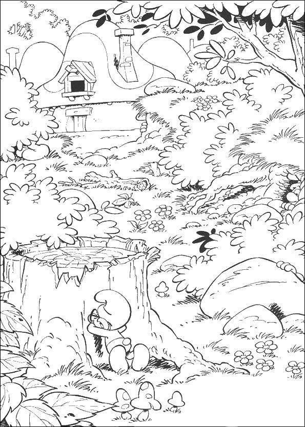 Название: Раскраска Смурфик в лесу. Категория: смурфики. Теги: Персонаж из мультфильма, Смурфики, веселье.