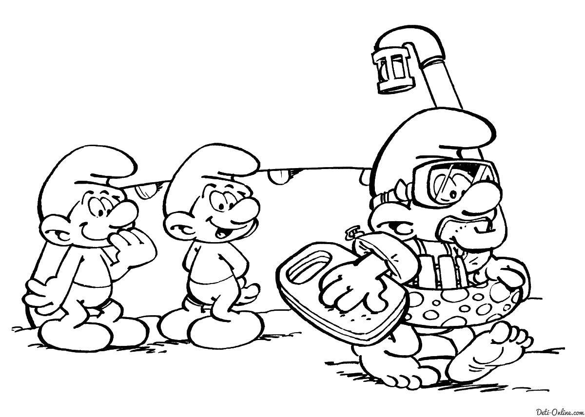 Coloring The Smurfs go swimming. Category Smurfs. Tags:  Cartoon character, Smurfs, fun.