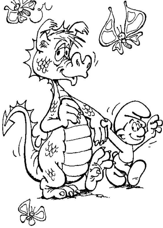 Название: Раскраска Смурфики с динозавриком. Категория: смурфики. Теги: Персонаж из мультфильма, Смурфики, веселье.