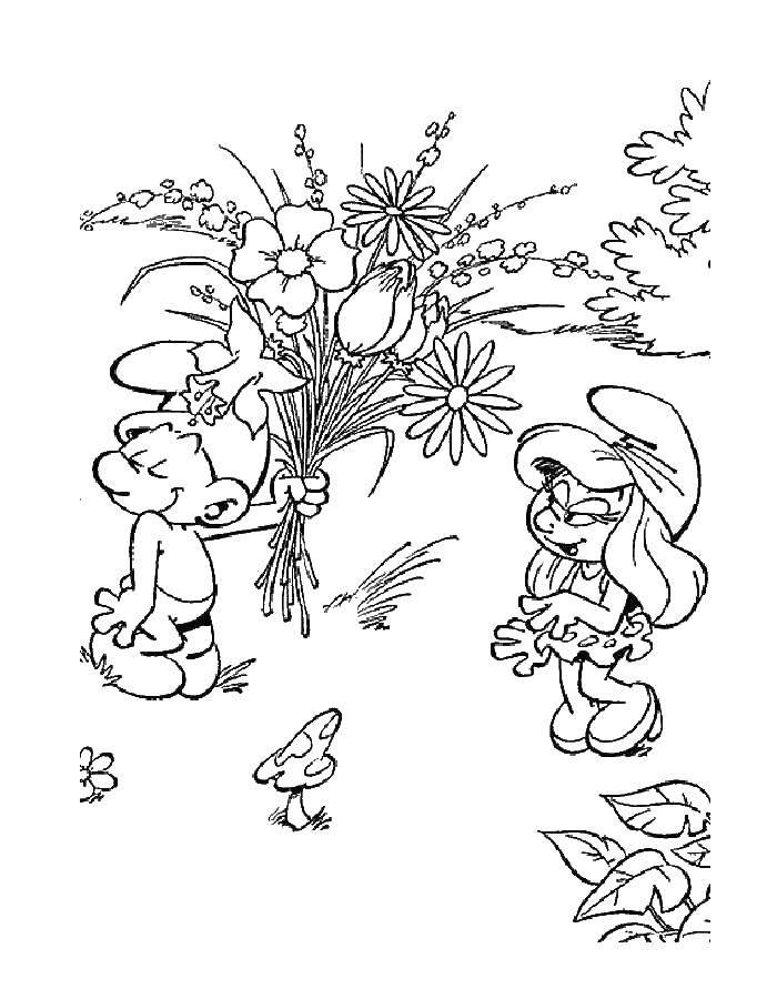 Название: Раскраска Влюбленный смурфик дарит цветок. Категория: смурфики. Теги: Персонаж из мультфильма, Смурфики, веселье.