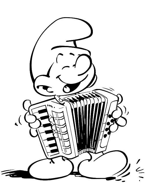 Coloring Smurf playing the accordion. Category Smurfs. Tags:  Cartoon character, Smurfs, fun.