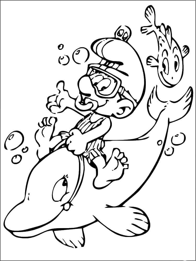 Название: Раскраска Смурфик под водой. Категория: смурфики. Теги: Персонаж из мультфильма, Смурфики, веселье.