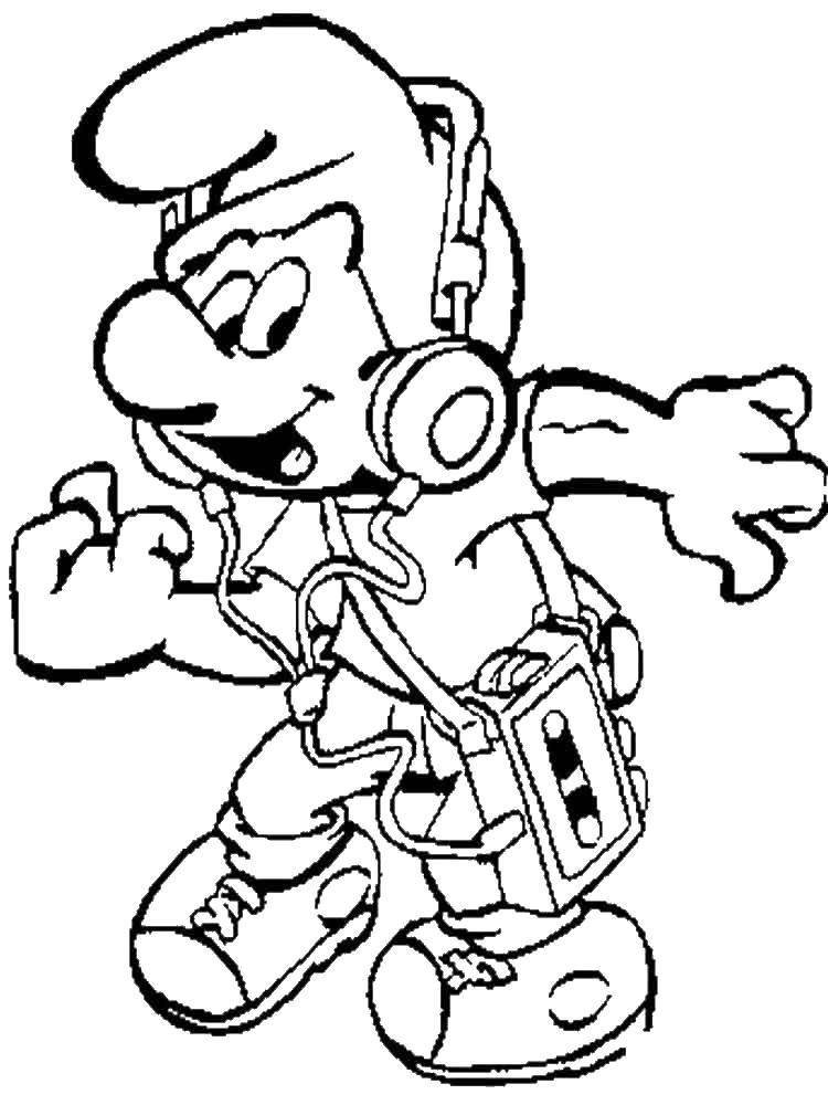 Coloring A smurf is listening to music. Category Smurfs. Tags:  Cartoon character, Smurfs, fun.