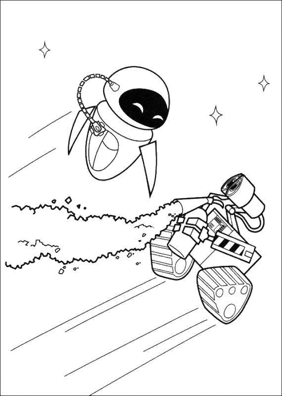 Coloring Valli and eve flying in space. Category WALL AND. Tags:  Valli, Eva, robot.