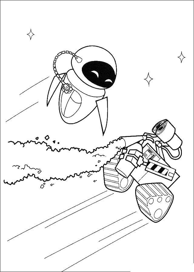Название: Раскраска Валли и ева летают в космосе. Категория: ВАЛЛ И. Теги: Валли, Ева, робот.