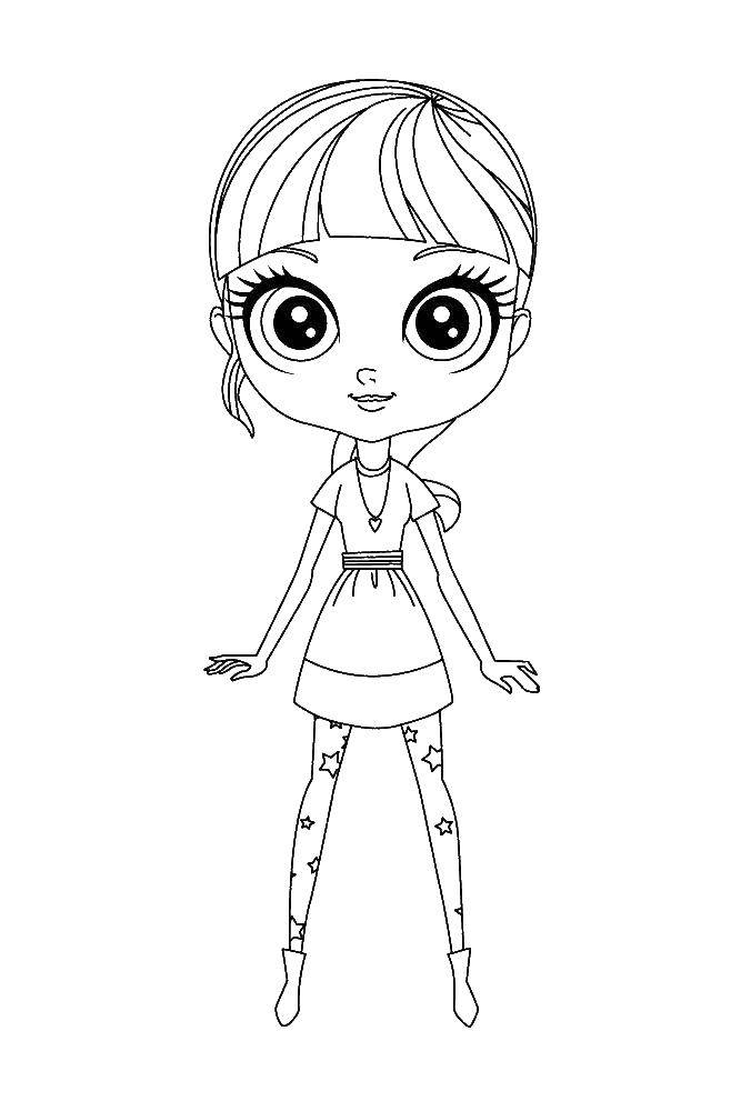Название: Раскраска Девочка с большими глазами. Категория: мой маленький зоомаганиз. Теги: девочка, платье, глаза.