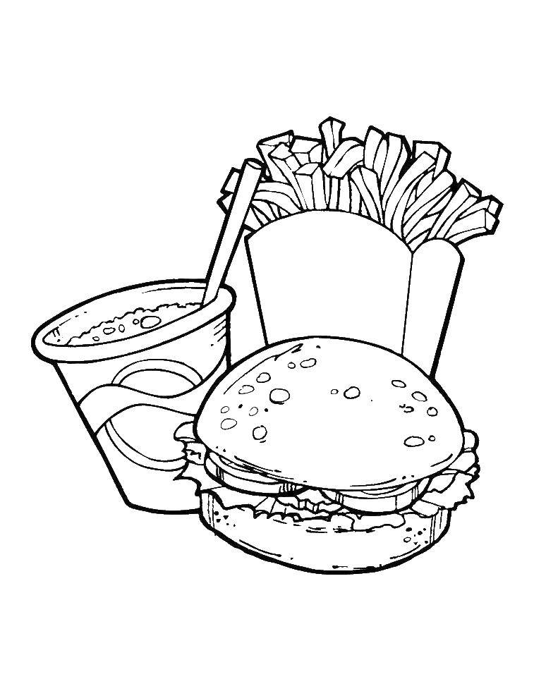 Название: Раскраска Картошка фри и кола. Категория: фастфуд. Теги: гамбургер, картошка, кола.