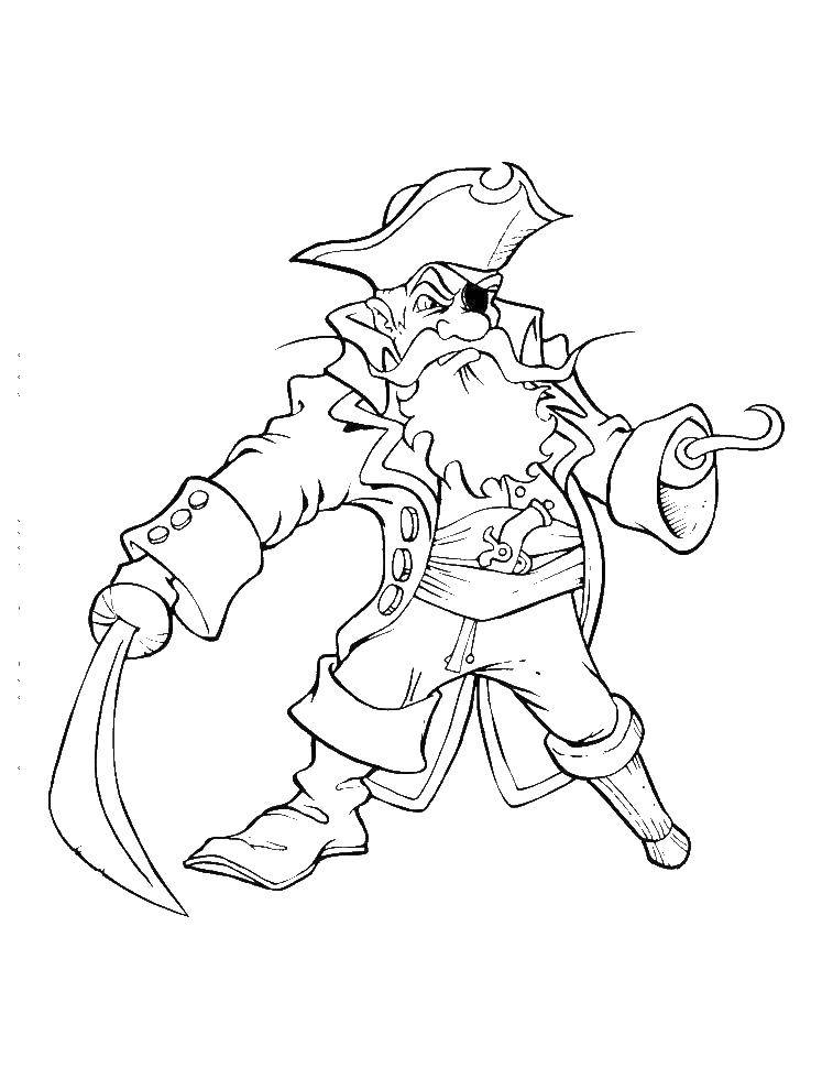 Coloring Pirate with sword. Category the notebook. Tags:  pirate, hook, sword, hat.
