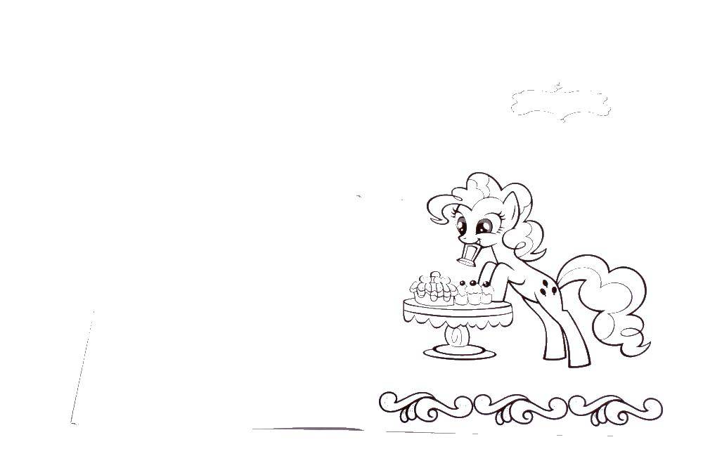 Название: Раскраска Пони и кексы. Категория: мой маленький пони. Теги: пони, стол, кексы.