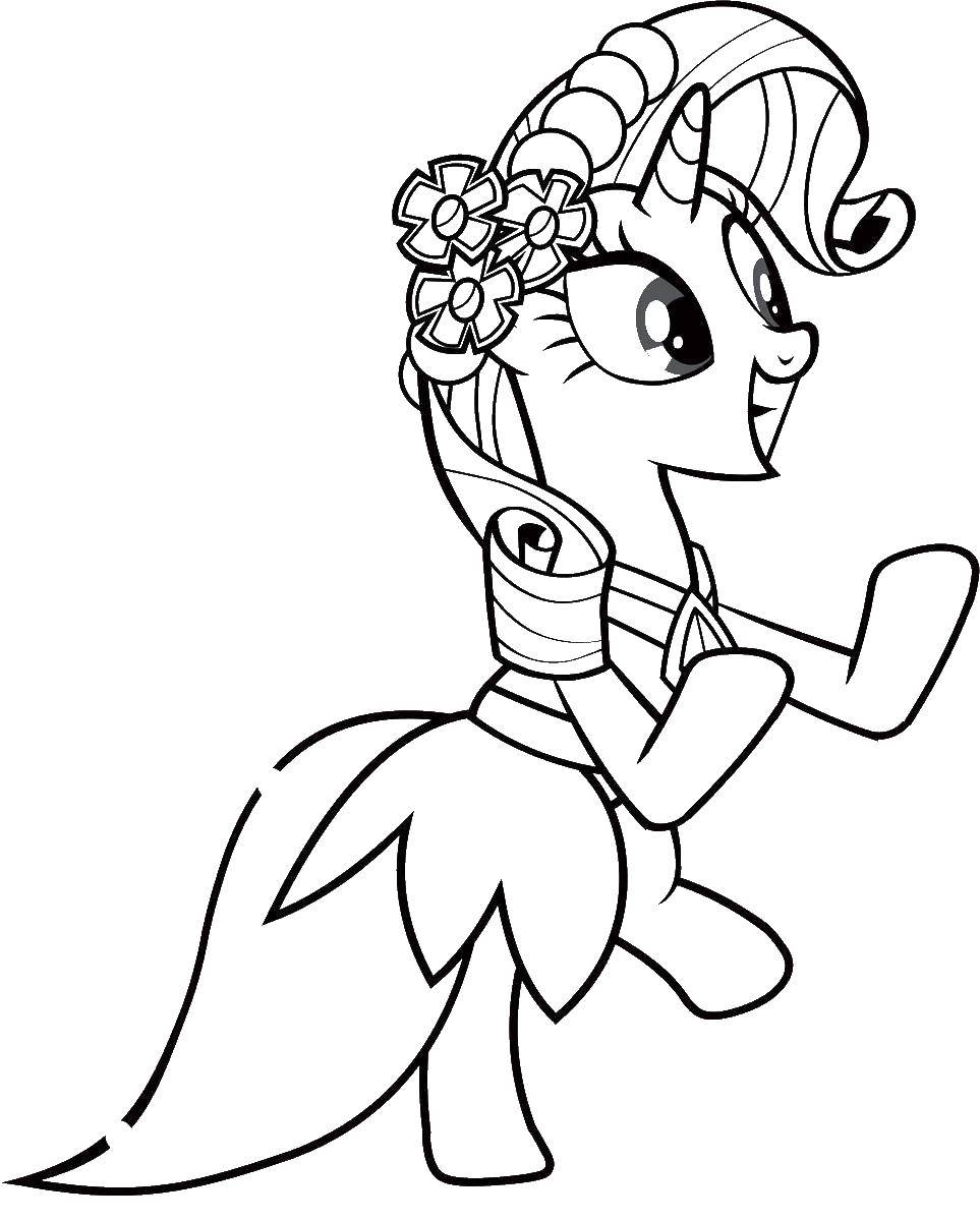 Название: Раскраска Пони в платье. Категория: мой маленький пони. Теги: пони, единорог, платье, цветы.