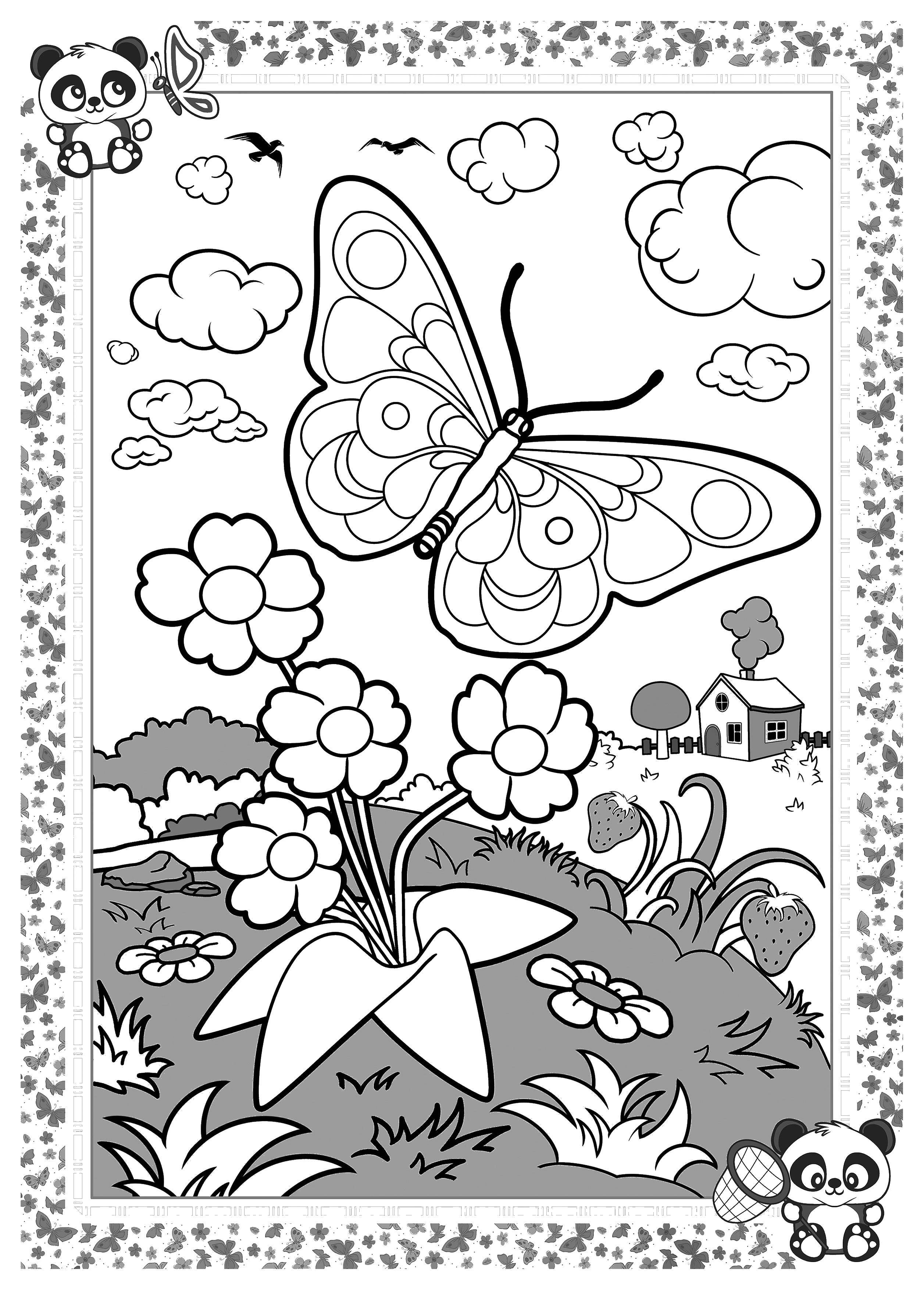 Coloring Butterfly near flowers. Category the notebook. Tags:  butterfly, flowers, grass.