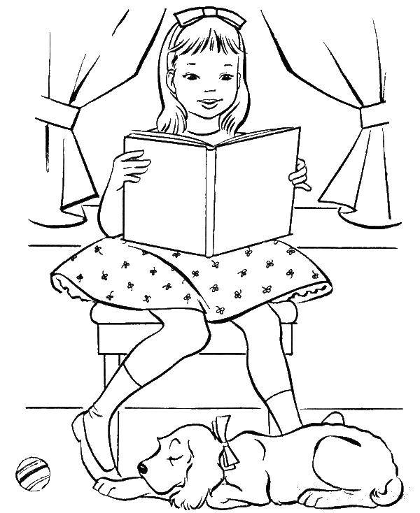 Название: Раскраска Девочка читает книги. Категория: книга. Теги: книга, девочка.