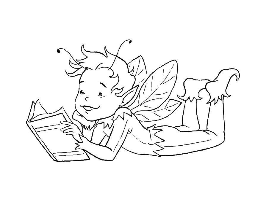 Coloring Elf reading a book. Category fairy. Tags:  fairy, elf, book.