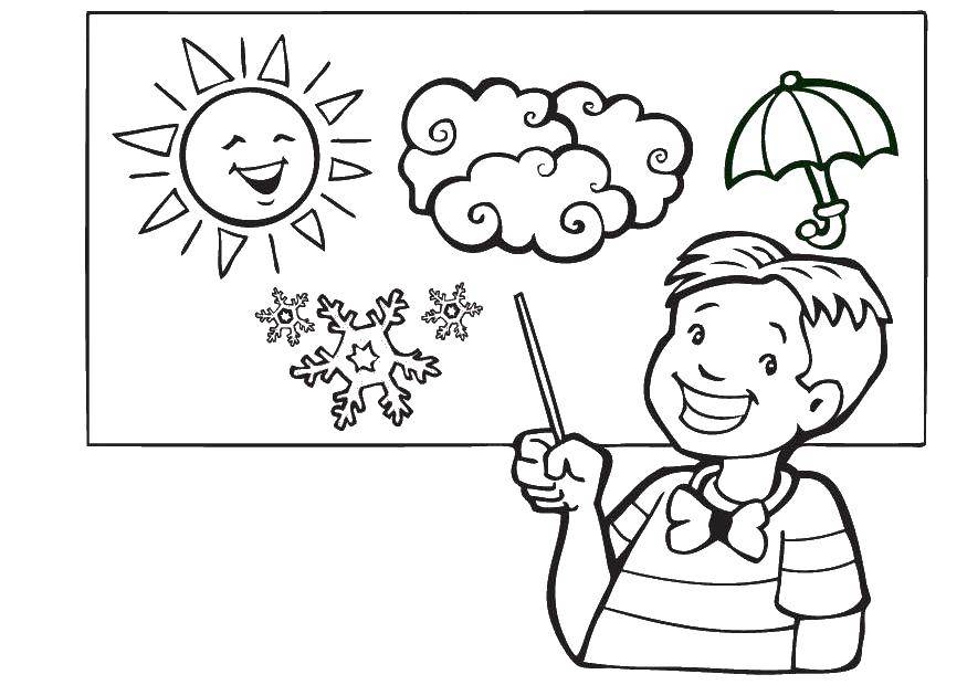 Название: Раскраска Мальчик и прогноз погоды. Категория: тетрадь. Теги: мальчик, указка, солнце, зонт.