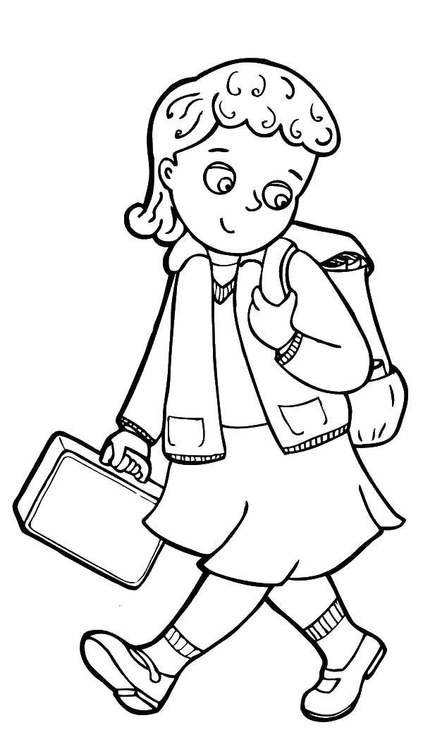 Название: Раскраска Девочка идет в школу. Категория: Школьные принадлежности. Теги: девочка, рюкзак.