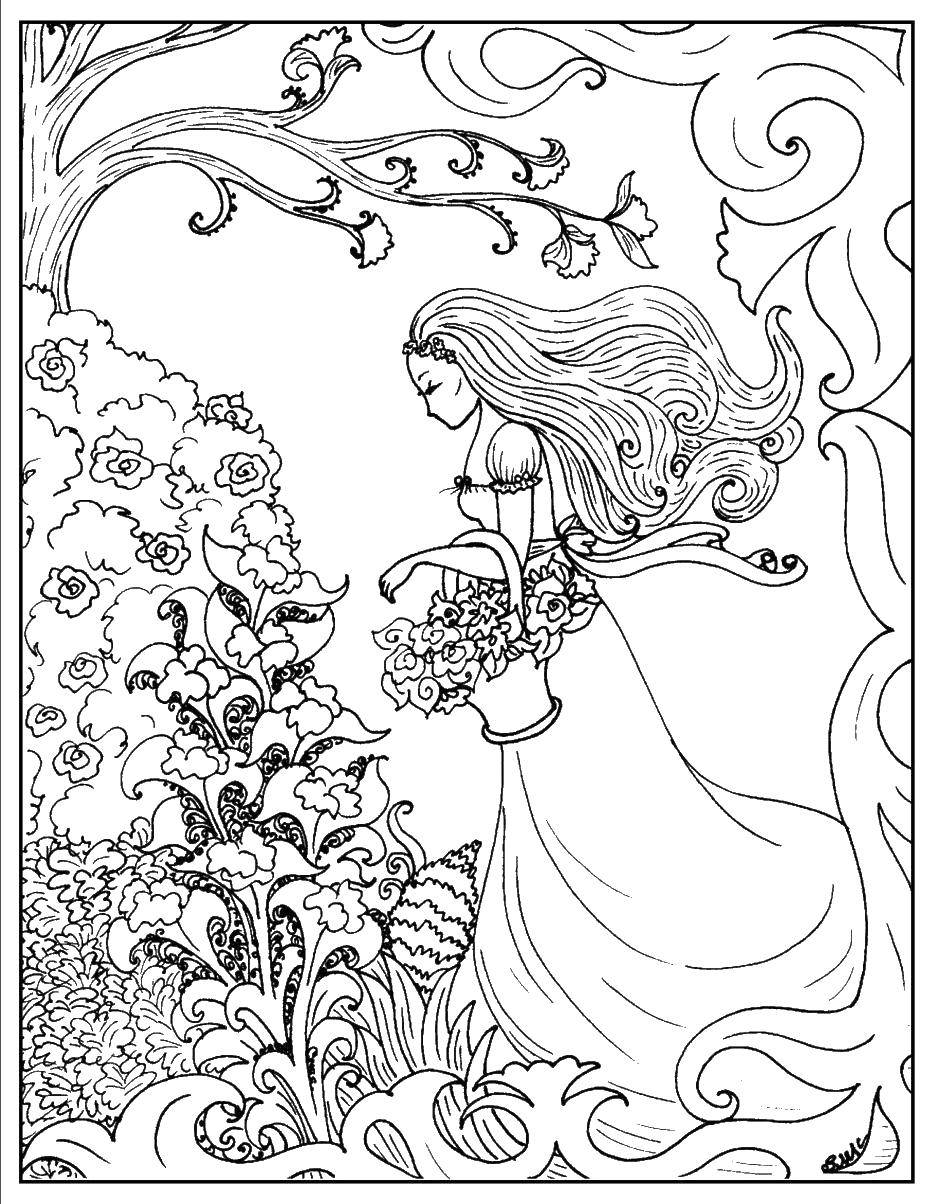 Coloring Girl picking flowers. Category girl. Tags:  girl, flowers.