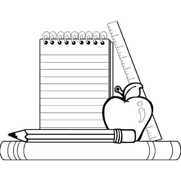 Название: Раскраска Канцтовары. Категория: Школьные принадлежности. Теги: карандаш, блокнот, яблоко, линейка.
