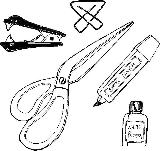 Coloring Stationery. Category School supplies. Tags:  scissors, marker, stapler.