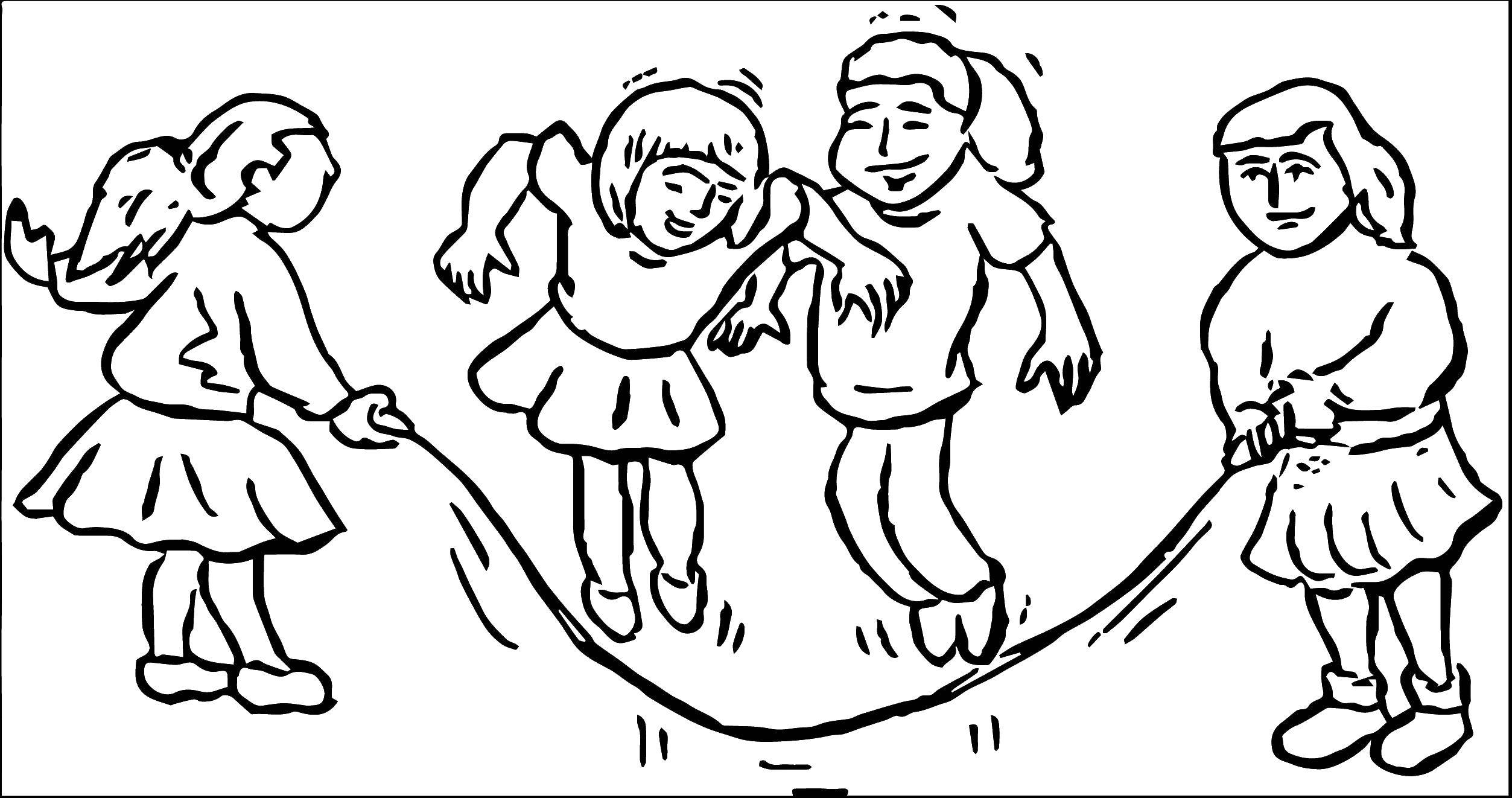Название: Раскраска Дети прыгают через скакалку. Категория: Дети играют. Теги: скакалка, мальчик, девочка.