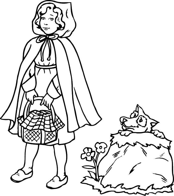 Название: Раскраска Красная шапочка и волк. Категория: Персонажи из сказок. Теги: девочка, шапочка, волк.