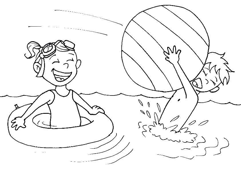 Название: Раскраска Дети играет в воде. Категория: Лето. Теги: дети, вода, мяч.