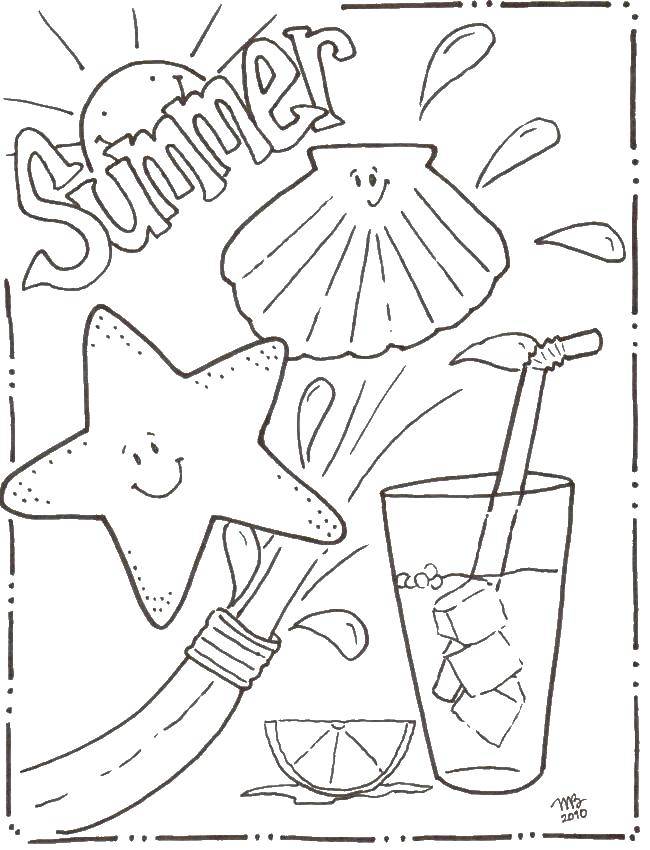 Название: Раскраска Летняя открытка. Категория: Лето. Теги: ракушки, лимонад, солнце.