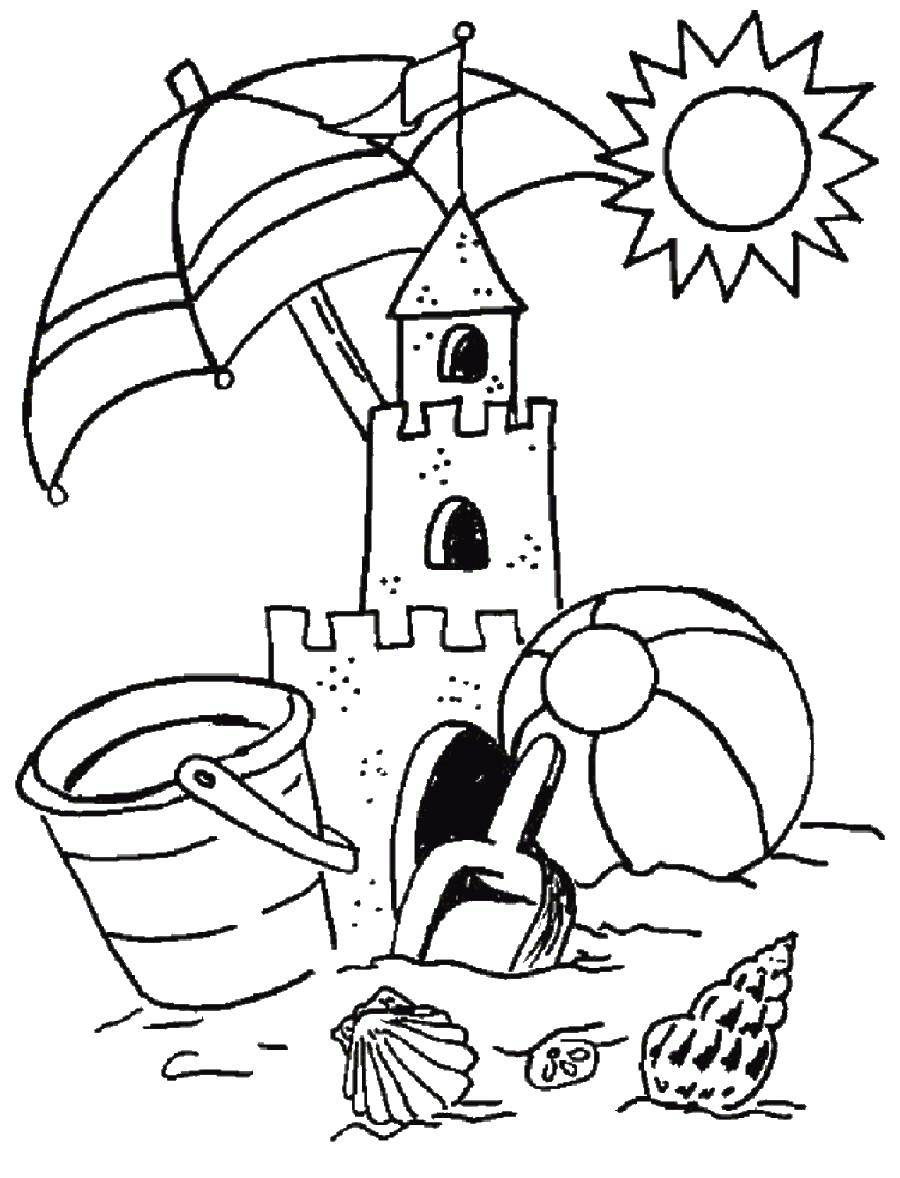 Coloring Sand castle and seashells. Category Summer. Tags:  sand castle, sun, bucket, shovel.
