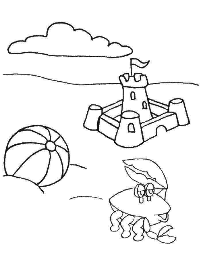 Название: Раскраска Песочный замок и ракушки. Категория: Лето. Теги: песок, замок, солнце, ведро, лопатка.