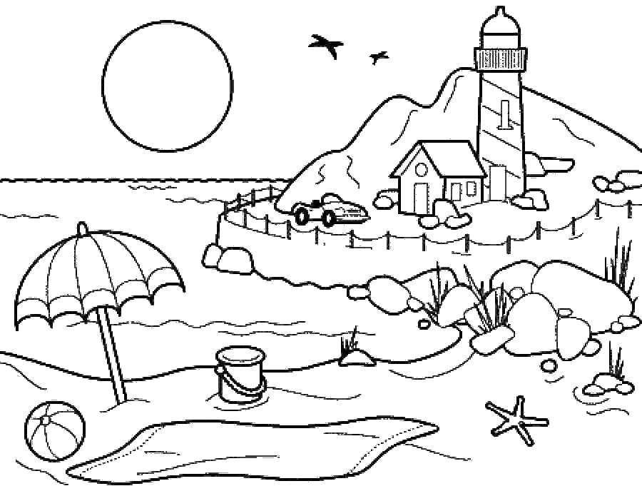 Название: Раскраска Пляж и море. Категория: Лето. Теги: песок, замок, солнце, ведро, лопатка.