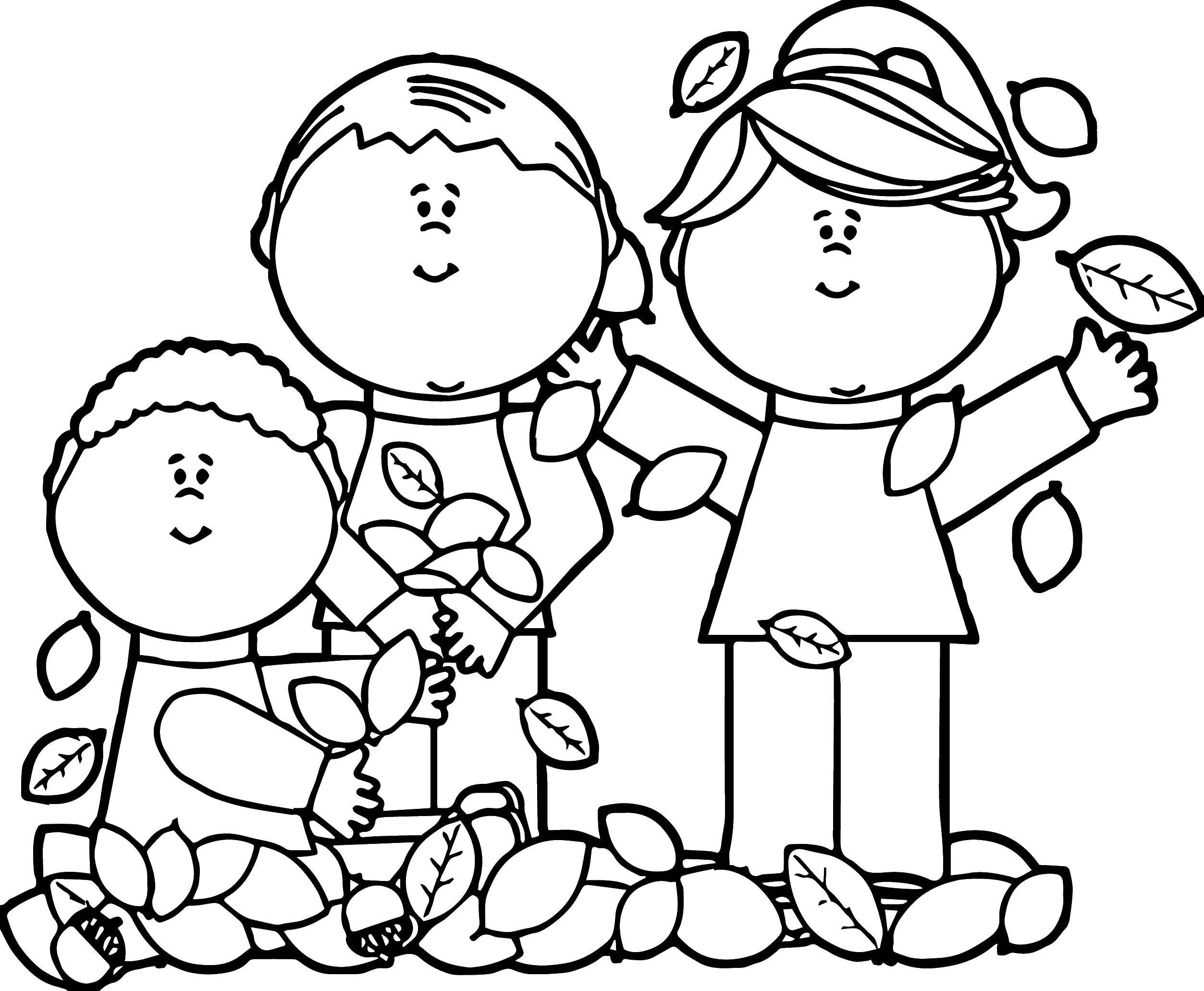 Название: Раскраска Семья и листья. Категория: Дети играют. Теги: осень, семья, листья, лошадь.