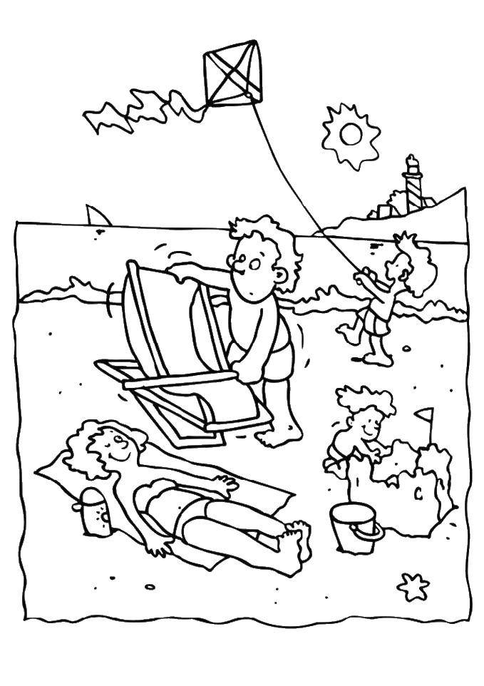 Название: Раскраска Семья на пляже. Категория: Лето. Теги: пляж, шезлонг, солнце, дети.