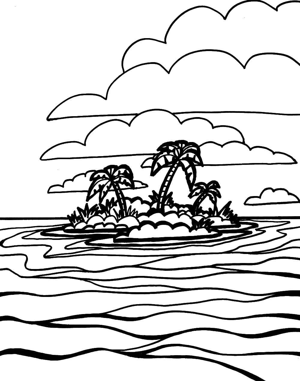 Название: Раскраска Остров в океане. Категория: Океан. Теги: остров, пальмы, океан.